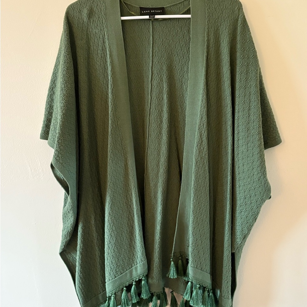 Lane Bryant Plus Size 14/20 Green Knit Open Front Kimono with Tassels NWOT